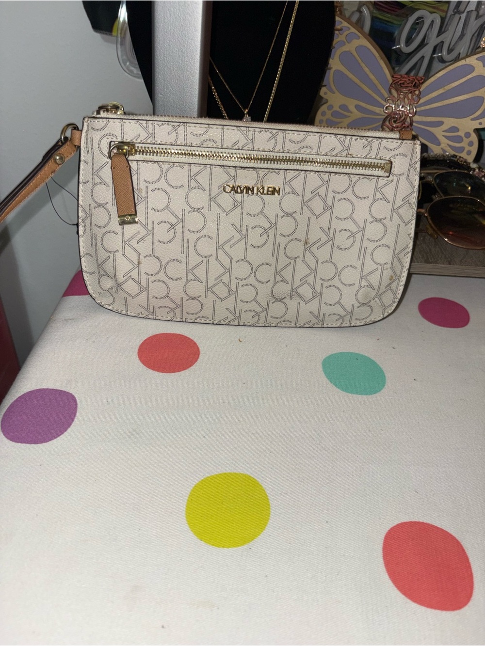 Calvin Klein Cream Logo Wristlet with Tan Trim